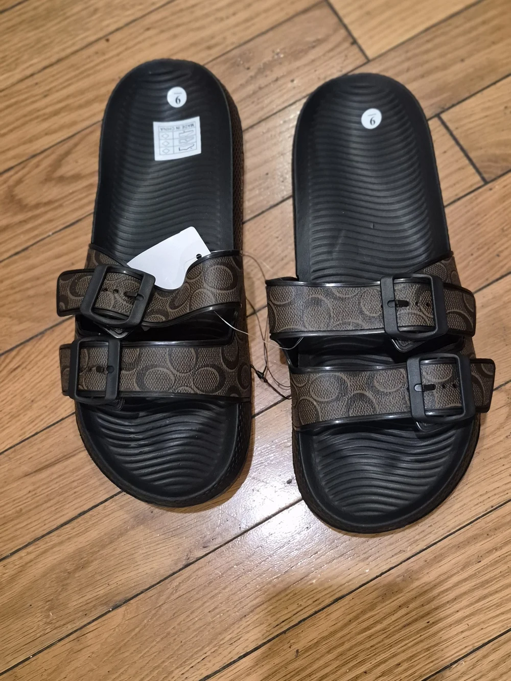 Mens Brown Patterned Double-Buckle Slides